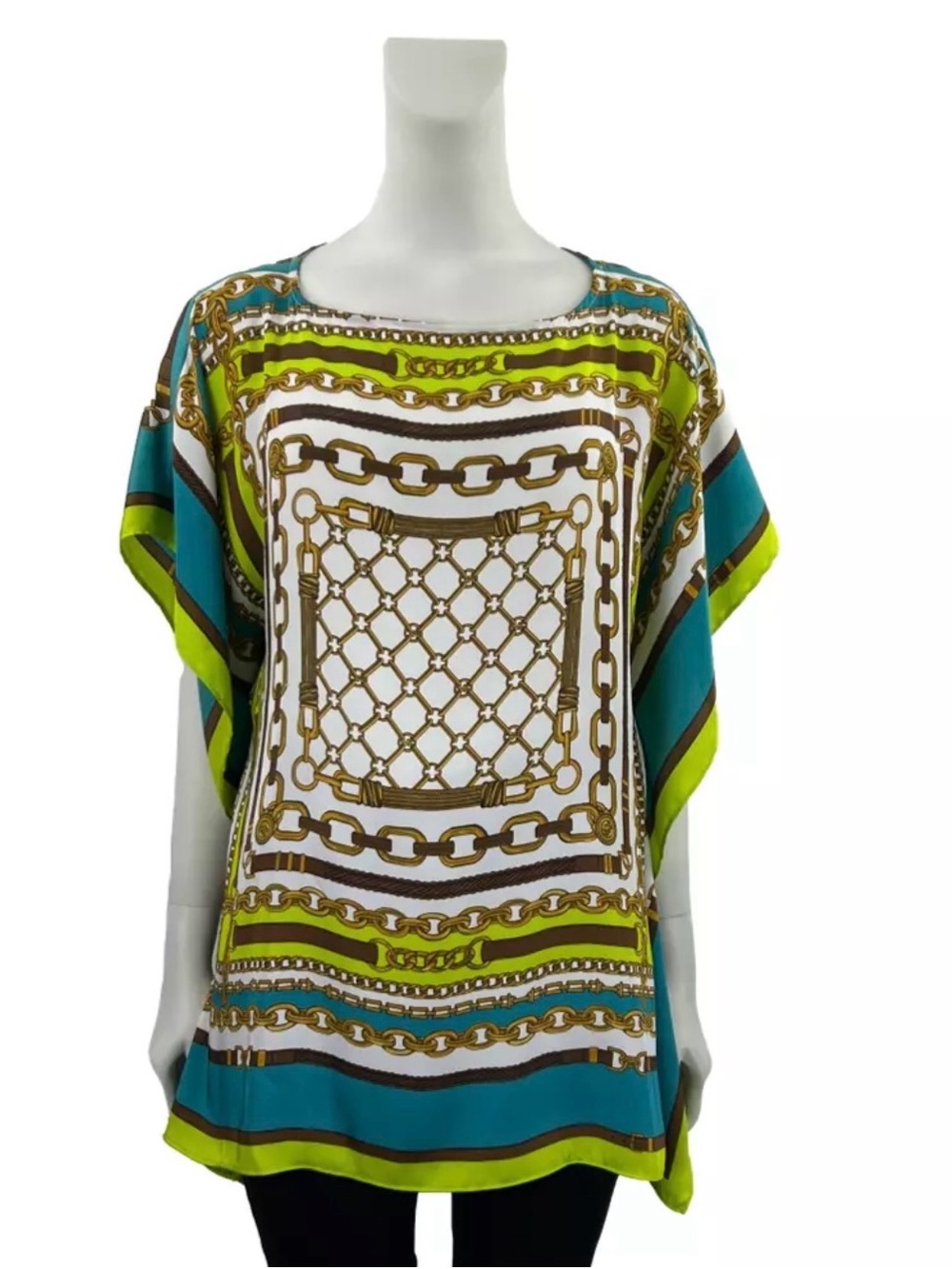 Michael Kors Silk Dolman Sleeve Chain Print Teal, Lime & White